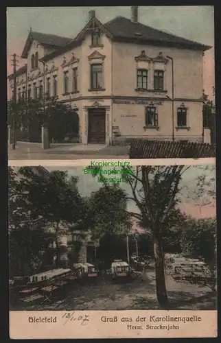 147730 AK Bielefeld 1907 Gruss aus d. Karolinenquelle Restauration zur Karolinen