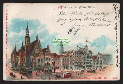 147688 AK Breslau am Rathaus Litho Geschäftshäuser Firma Julius Henel um 1900