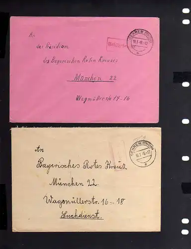 B933 2x SBZ Brief Gebühr bezahlt 1946 Gehren Thür. an Suchdienst München