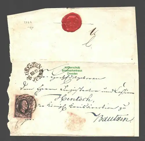 B7927 Sachsen 4 Briefteil Dresden 1853 nach Bautzen