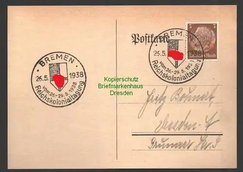 B7563 Postkarte mit SST  Bremen Reichskolonialtagung 1938