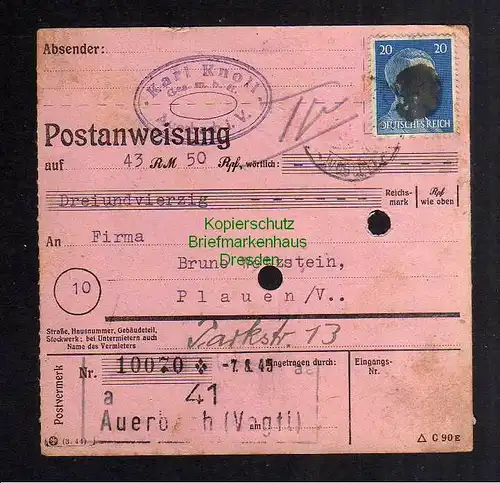 B2812 Sächsische Schwärzung 1945 Postanweisung Auerbach Vogtl. 7.8.45 AP 791 826