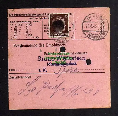 B2812 Sächsische Schwärzung 1945 Postanweisung Auerbach Vogtl. 7.8.45 AP 791 826