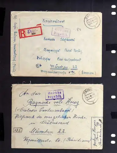 B2036 2x Brief SBZ Gebühr bezahlt 1946 Penig Einschreiben Bayr. Rotes Kreuz Such