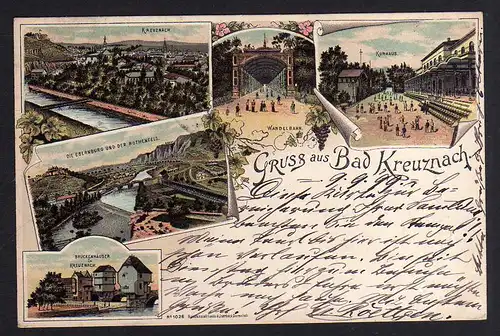 88253 AK Bad Kreuznach 1899 Litho Brückenhäuser Kurhaus ...