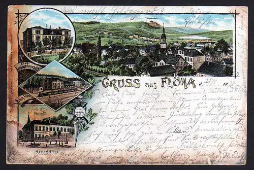 78030 AK Litho Flöha Bahnhof Gasthof Amtshauptmannschaft 1898