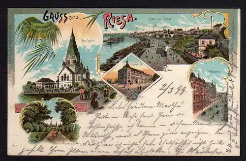 78035 AK Litho Riesa Neue Kirche Wettiner Straße Dampfbad Pfarrhaus 1899