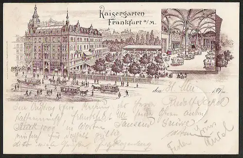 25208 AK Litho Frankfurt M. Kaisergarten Restaurant Restauration Pferdebahn 1897