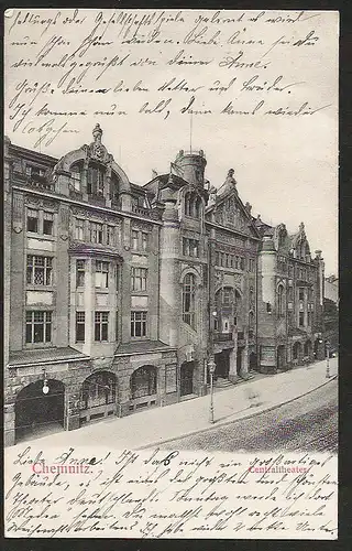 24434 AK Chemnitz Centaltheater 1904 Jugendstil , gelaufen