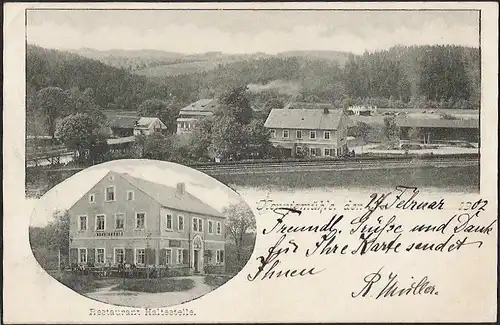 23492 AK Nenniemühle Restaurant Haltestelle Bahnhof , gelaufen Pockau 1902