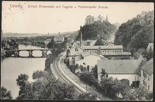 23667 AK Leisnig Mildenstein m. Tragnitz Fischerdorfer Brücke Eisenbahn 1914