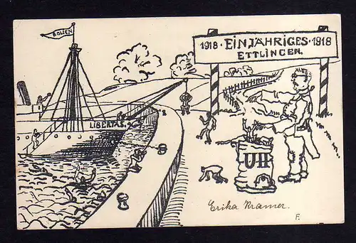 115411 AK Ettlingen 1918 Künstlerkarte Militär Einjähriges Libertas Studentika ?