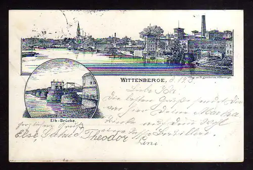 112781 AK Wittenberge 1899 Federlitho Panorama Elbbrücke