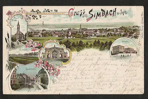 21274 AK Litho Simbach a. Inn Bahnhof Hauptstr. Portal der Innbrücke 1897