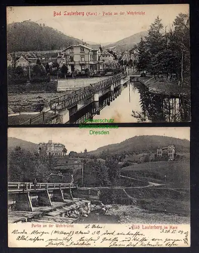 132289 2 AK Bad Lauterberg im Harz Partie an der Wehrbrücke 1906 Bahnpost Schwar