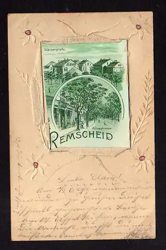 112283 AK Remscheid 1903 Kaiserplatz Alleestraße Litho auf Karte montiert Blumen