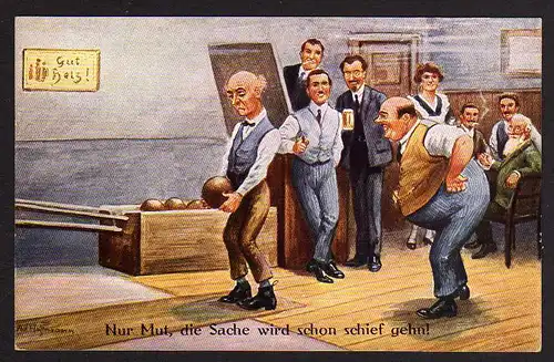 74971 AK Künstlerkarte Kegeln Gut Holz 1928 Hoffmann