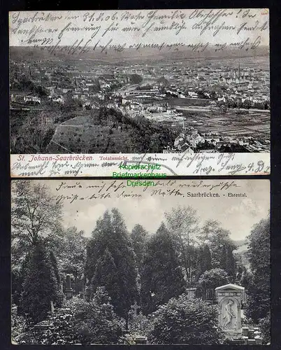 129405 2 AK St. Johann Saarbrücken Totalansicht 1906 Ehrental 1910 Denkmal