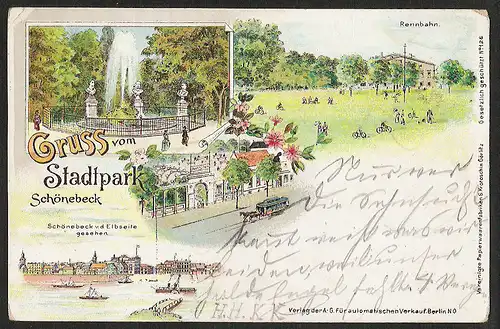 24393 AK Schönebeck Litho Stadtpark Rennbahn 1900 , gelaufen