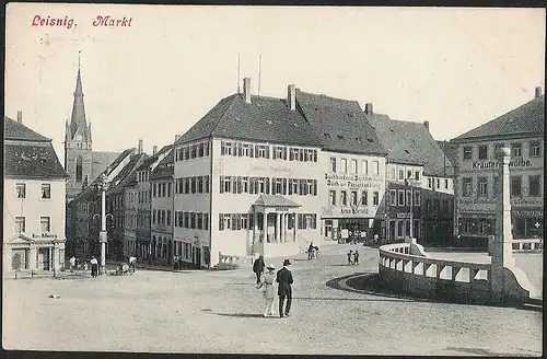 23674 AK Leisnig Markt Löwen Apotheke Buchbinderei Buchdruckerei , gelaufen 1914