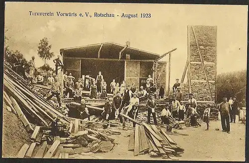 23252 AK Rotschau August 1923 Turnverein Vorwärts e. V. Bau Baustelle Turnhalle