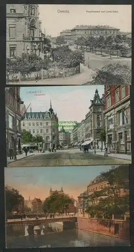 139642 3 AK Chemnitz Hauptbahnhof Carola Hotel 1908 Königstrasse Nicolaibrücke