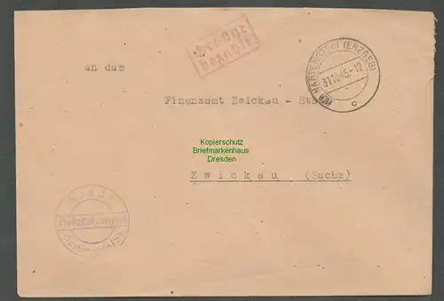 B5817 Gebühr bezahlt 1945 Brief Stadt Hartenstein an Finanzamt Zwickau