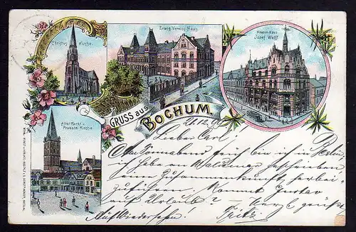 78529 AK Bochum 1899 Litho Warenhaus Wolff Evang. Vereinshaus Kirche