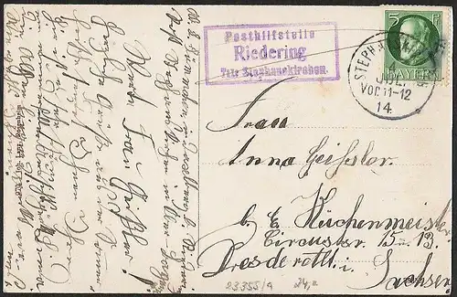 23355 AK Riedering Posthilfsstelle Taxe Stephanskirchen 1914 T, gelaufen