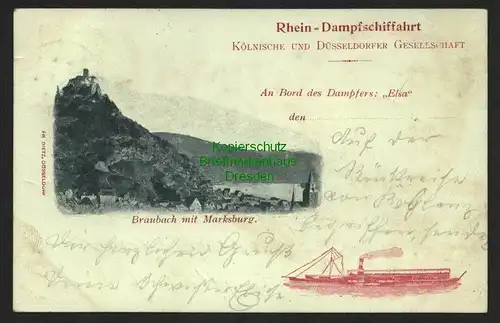 140157 AK Braubach mit Marksburg Rhein Schiffahrt 1901 Dampfer Elsa Kölnische