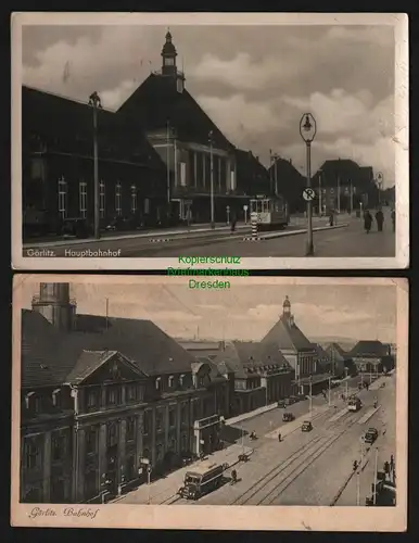139807 2 AK Görlitz 1940 Fotokarte Hauptbahnhof Straßenseite Straßenbahn 1944