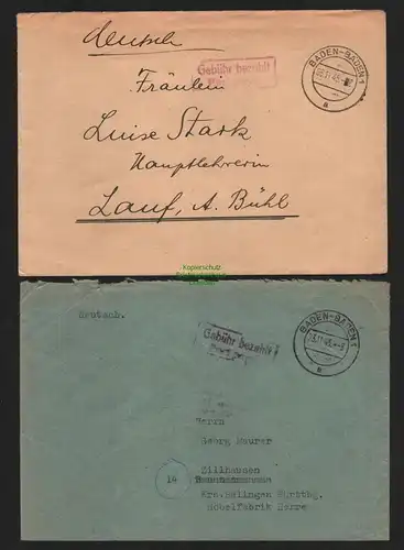 B11484 2x Brief BAZ Gebühr bezahlt Baden-Baden Port Paye 1945