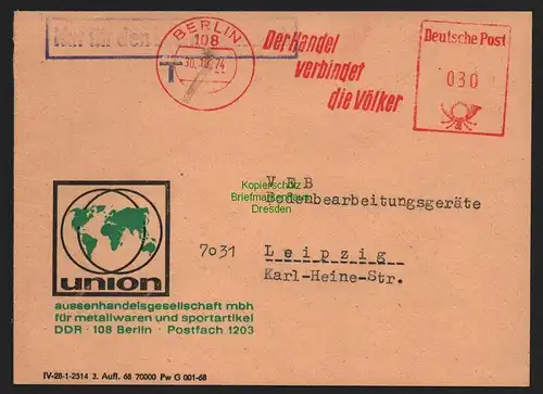 B11467 Brief DDR Propaganda Berlin 1974 Der Handel verbindet die Völker union