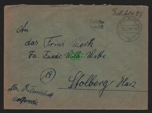 B11450 Brief SBZ Gebühr bezahlt Wolferode Mansf. Seekreis 1945 an Friwi Stolberg