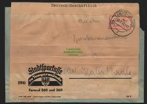 B11372 Brief SBZ Gebühr bezahlt Tangermünde 1948 Notumschlag Stadtsparkasse