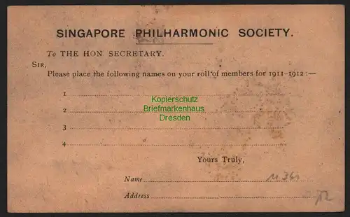 B11361 Ganzsache Straits Settlements 1912 Singapore Philharmonic Society Finlays