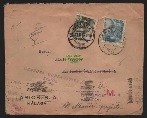 B11332 Brief Malaga Spanien 1941 Regierungszensur Sevilla Doppelzensur OKW