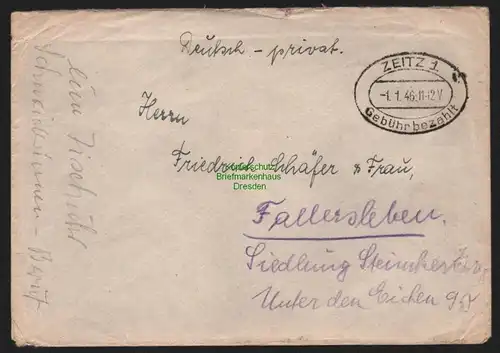 B11296 Brief Zeitz 1 1.1.46 Gebühr bezahlt nach Fallersleben 1946