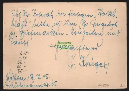 B11294 Postkarte Köthen Anh. 1945 Gebühr bezahlt nach Augsburg