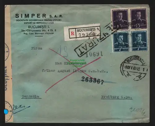 B11268 Brief Rumänien Zensur OKW 1943 nach Freiberg Einschreiben Bucuresti 79309