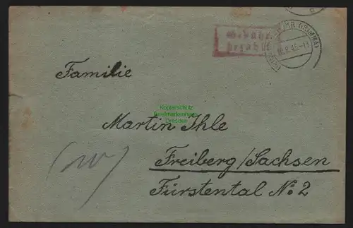 B11260 Brief Naunhof Kr. Grimma Gebühr bezahlt 1945 nach Freiberg