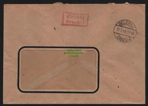 B11255 Brief Venusberg Gelenau Gebühr bezahlt Währungsreform 1948 Mechanische