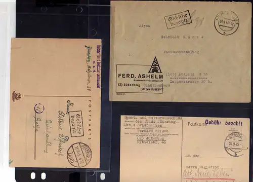 B493 3x SBZ Brief Postkarte Gebühr bezahlt 1945 Kahla Thür. Porzellanfabrik Molk