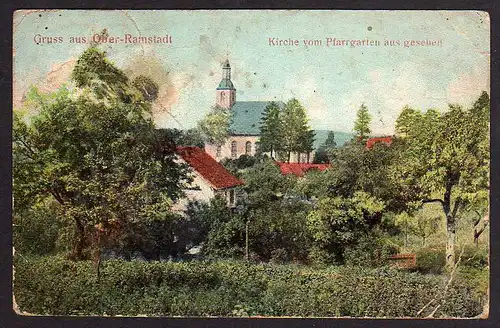 60270 AK Ober-Ramstadt 1912 Kirche v. Pfarrgarten aus