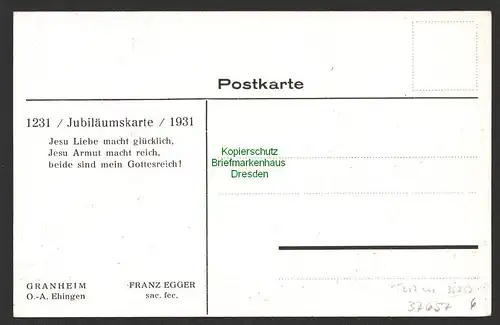 37657 AK Granheim O. A Ehingen 1231 1931 Jubiläumskarte Donau