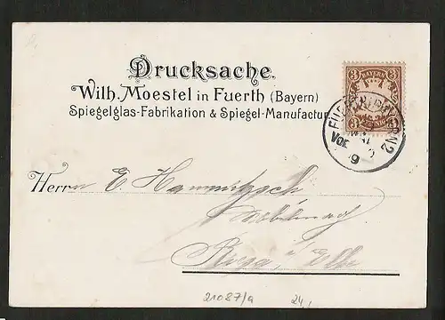 21087 AK Fürth Vertreterkarte  Spiegel Manufaktur, gelaufen   1909