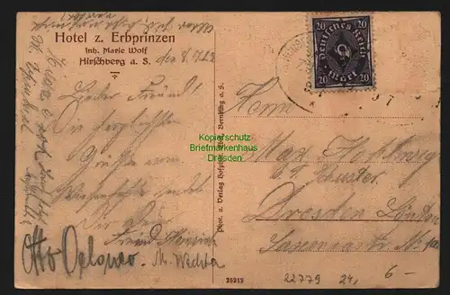 22779 AK Hirschberg a. S. Hotel zum Erbprinz Erbprinzen, gelaufen 1922