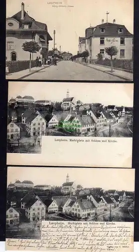 125060 3 AK Laupheim 1907 König Wilhelm Straße Villen Markt Schloss Kirche 1905