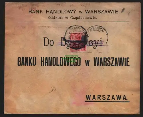 B11531 Brief Deutsche Post in Polen 1918 Czenstochau Bank für Handel und Gewerbe