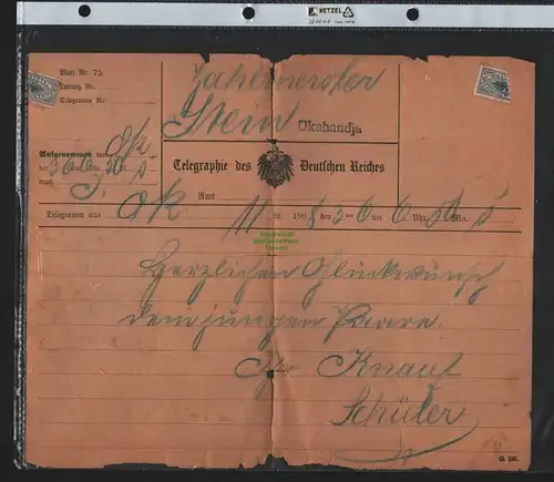 B11571 DSW Telegramm Okahandja 1908 Zahlmeister Stein Deutsch Südwestafrika